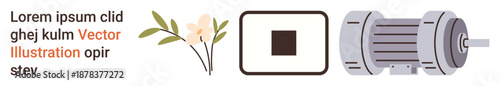 Mechanical engineering, industrial design, branding materials, technical manuals, creative compositions, placeholder content. Electric motor, minimal floral illustration, and text elements