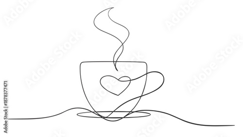 Minimalist and warm continuous line illustration of a coffee cup with a heart inside and rising steam, a simple and elegant symbol of love and comfort