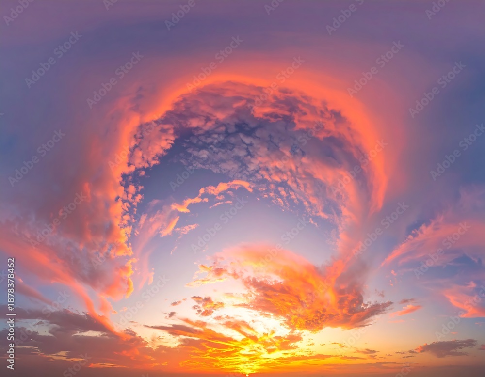 Naklejka premium A mesmerizing panorama of the sky ablaze with vivid sunset colors. A ring of clouds encircles a rich blue. The sun glows brightly below