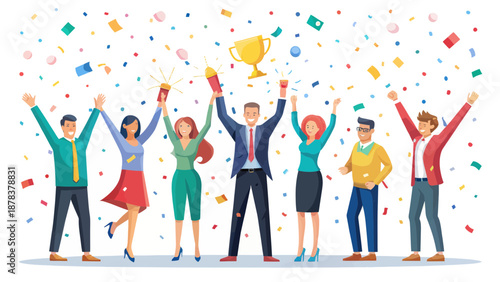 Team celebrating success with trophy and confetti