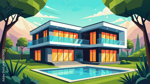 Modern house vector illustration with swimming pool and garden. Contemporary luxury architecture for upscale living and real estate design