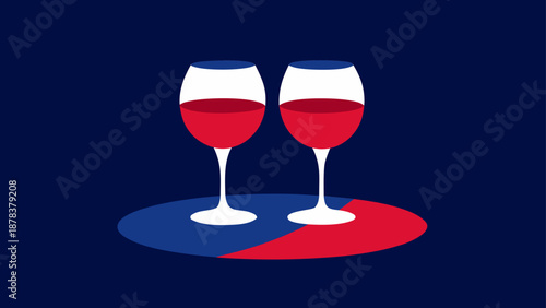 A Celebratory and Minimalist Flat Illustration Featuring Two Wine Glasses on a Red and Blue Patriotic Background for a Special Occasion