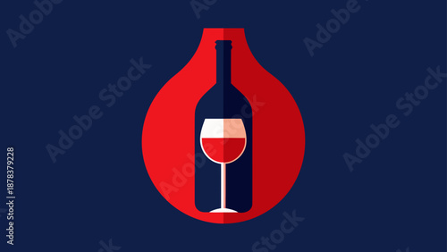 An elegant minimalist illustration depicting a stylized red wine bottle and glass within a modern creative shape on a sophisticated dark blue background.