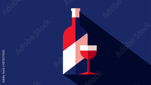 Sophisticated minimalist illustration of a wine bottle and glass icon with geometric flat design and long shadow on a blue background.