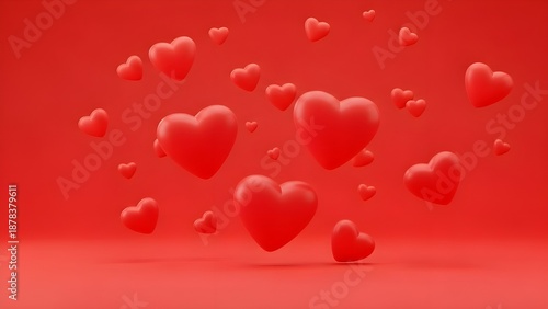 Numerous red heart shapes floating against a vibrant red background, symbolizing love and affection.
