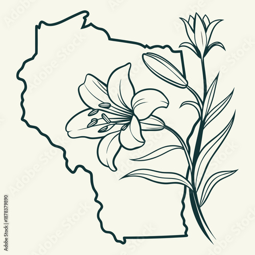 Wisconsin state outline with lilies