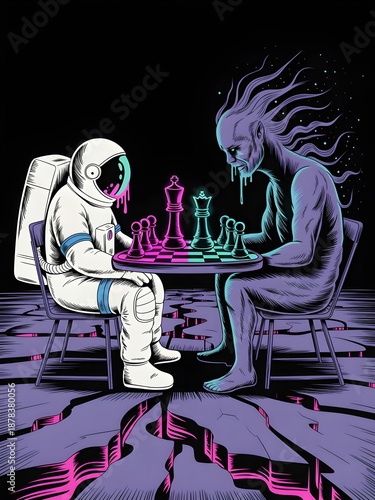 Cosmic Chess Match Between an Astronaut and an Otherworldly Being in a Surreal Universe