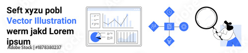 Analytical dashboard with graphs, data visualization, process workflow arrows, and person analyzing details with a large magnifying glass. Ideal for data analysis, research, business