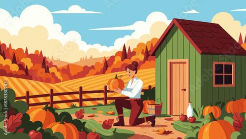 Vibrant autumn harvest vector illustration of a happy woman picking fresh pumpkins in a sunlit rural farm field with a cozy shed and colorful trees