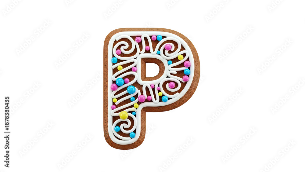 Fototapeta premium Gingerbread letter P with white icing and colorful candy balls