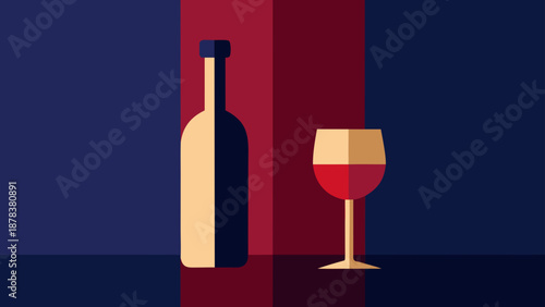 A minimalist and elegant still life artwork featuring a sophisticated wine bottle and glass, rendered in a modern flat design style with deep red and blue colors.