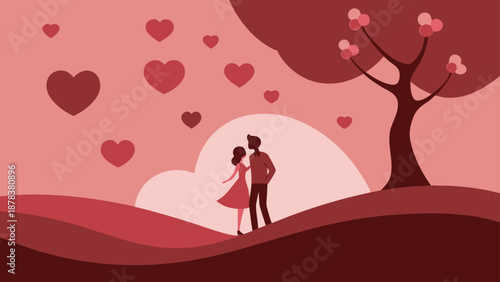 A beautiful Romantic Illustration depicting a loving couple in a monochrome red landscape with floating hearts. This flat vector art evokes feelings of tenderness.