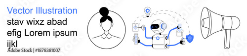 Artificial intelligence, technology interfaces, digital communication, identity , marketing, data security. AI robot with icons, woman profile megaphone graphic. AI and technology concepts