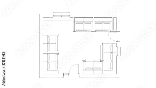 Floor plan of a living room with sectional couches arranged in a U-shape