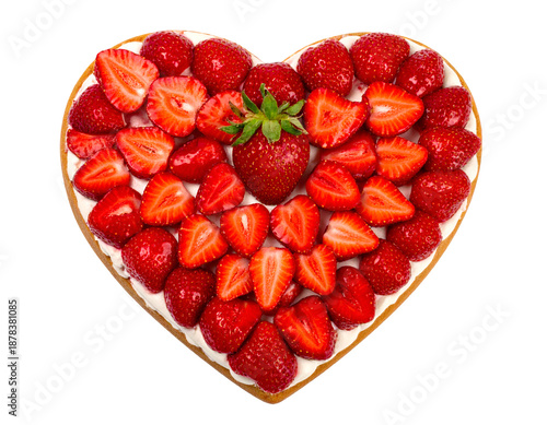 Strawberry cake in the shape of a heart, top view isolated on transparent png