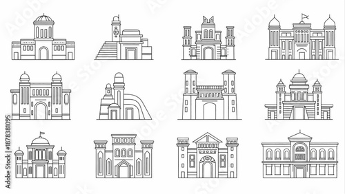 Stylized monochrome vector outlines of diverse architectural structures representing historical landmarks and grand edifices