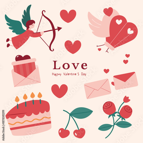 A charming valentine's day illustration with playful cupids, cake, and sweet love motifs