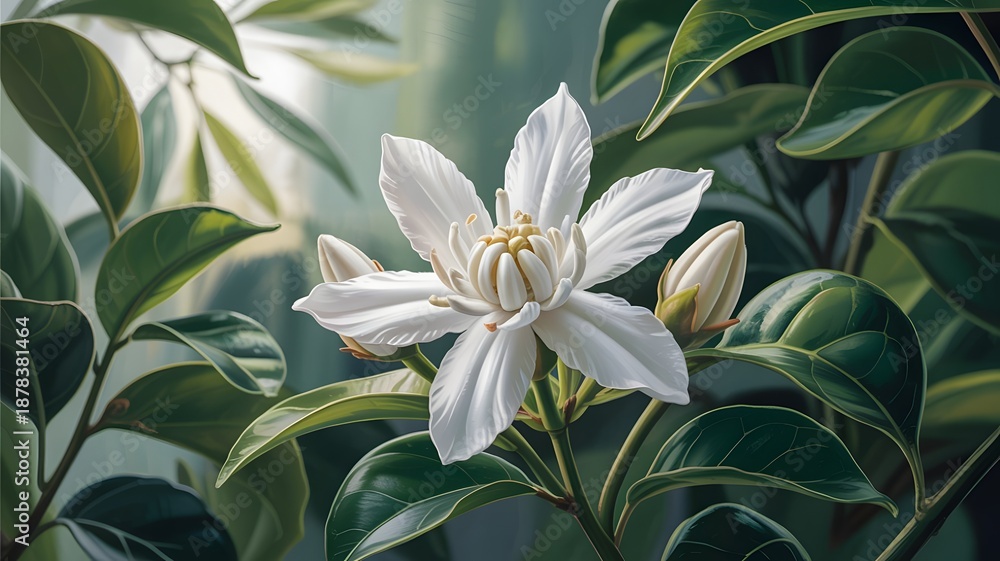 Fototapeta premium A delicate white flower blooms in a lush green garden with sunlight filtering through leaves