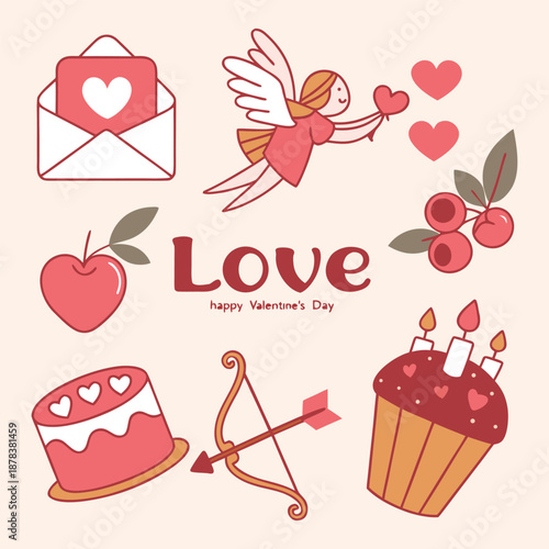 A charming valentine's day illustration with playful cupids, cake, and sweet love motifs