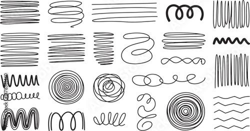 Black scribbles and lines on white background