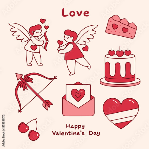 vector set of valentine day icons A charming valentine's day illustration with playful cupids, cake, and sweet love motifs