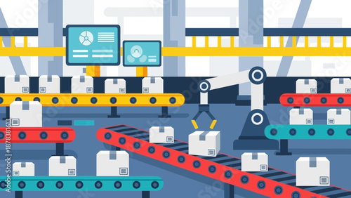 Industrial Assembly Line on a Busy Factory Floor with Conveyors, Machines, and Robotic Support.
