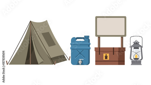 Camping gear set with tent, backpack, cooler, lantern and map ready for outdoor adventure.