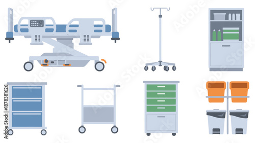 Collection of hospital equipment icons including beds, stretchers, carts and stands for medical environments.