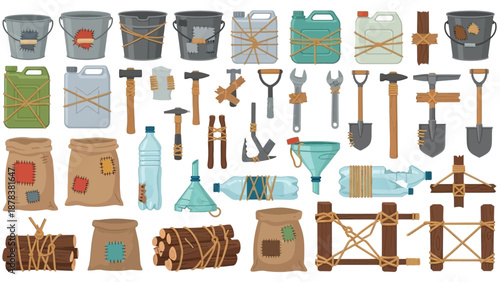 Assorted hand tools and craft supplies arranged in a vintage workshop collage.