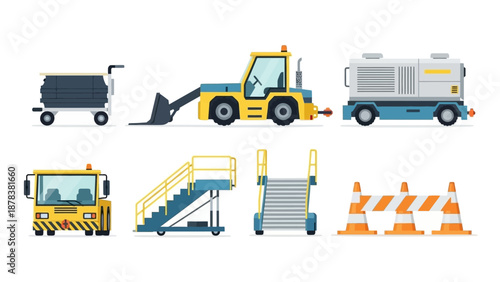 Industrial construction site with heavy machinery, barriers, and roadwork vehicles at a modern urban worksite.