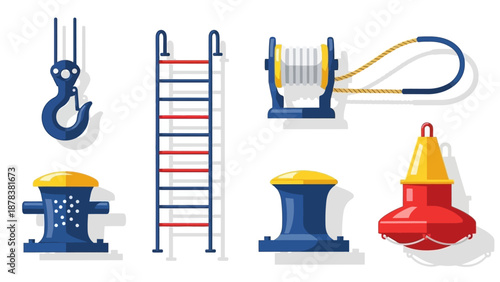 Set of nautical rope and rigging tools icons featuring hook, pulley, ladder, winch, and buoy in bright colors.