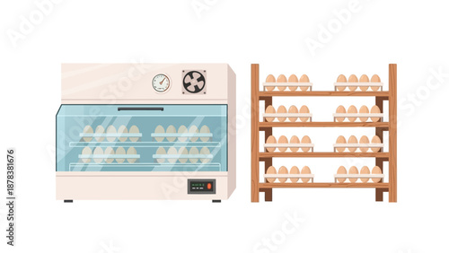 Compact bakery oven beside racks filled with bread loaves in a kitchen setting.