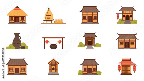 Collection of Traditional Wooden Huts and Temples in a Village Landscape with Pagodas and Rustic Architecture.