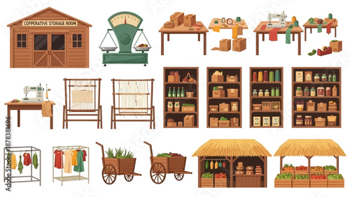 Vibrant outdoor market stalls with baskets crates carts and wooden shelves full of groceries.