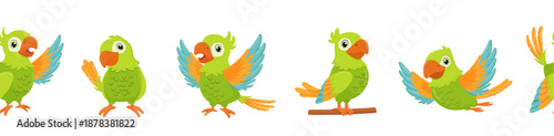 Seamless border with cute green parrot character. Childish endless pattern isolated on white background