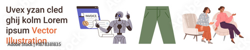 Automation, digital finance, clothing design, business communication, teamwork, artificial intelligence. A robot holding an invoice, pants and two people in discussion. Automation and digital