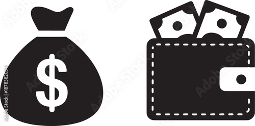 Money bag and wallet cash dollars money financial black and white desi