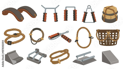 Assortment of vintage ropes and hardware for outdoor hobbies and craftwork projects.