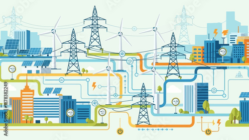 Vibrant urban industrial landscape featuring power lines, factories, and interconnected infrastructure.