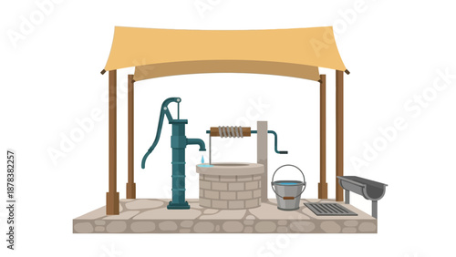 Traditional stone water well under a thatched shelter with a wooden pump and bucket in a rural courtyard.