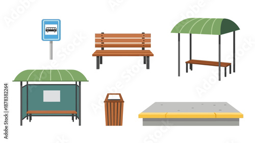 Outdoor park scene featuring a bench, shelter, bus stop signage, and market stalls.