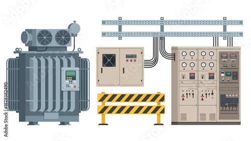 Industrial electrical substation equipment featuring transformer, control panels, and safety barriers in an industrial facility.
