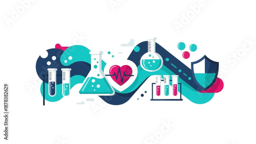 Vibrant science laboratory illustration with glassware, flasks, and lab equipment for education and innovation.