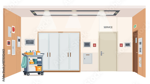 Bright hospital corridor with medical cart and double doors in a clinical setting.