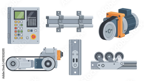 Industrial machinery components including conveyors pulleys belts and gears arranged in a compact workshop setup for production and material handling.
