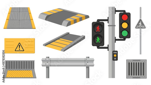 Assorted roadwork infrastructure including barriers, signs, signals, and railway crossing equipment for safety and traffic management.