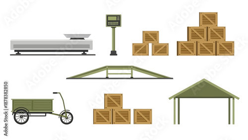 Industrial shipping and logistics scene with forklift truck and stacked boxes in a warehouse.