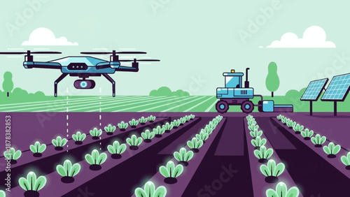 Drone-assisted farming on a modern field with tractor, neat rows of crops, and irrigation infrastructure.