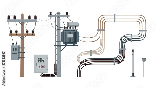Industrial electrical infrastructure featuring transformers, meters, poles, and power lines diagram.