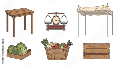 Assorted farming and market items with vegetables, baskets, and wooden planks.
